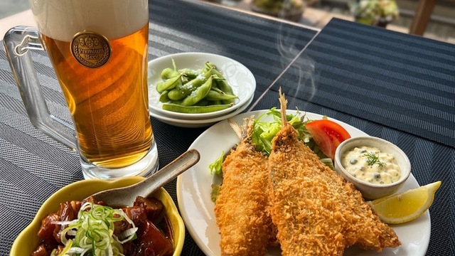 ちょい呑み（枝豆・鶏肝しぐれ煮・アジフライ）